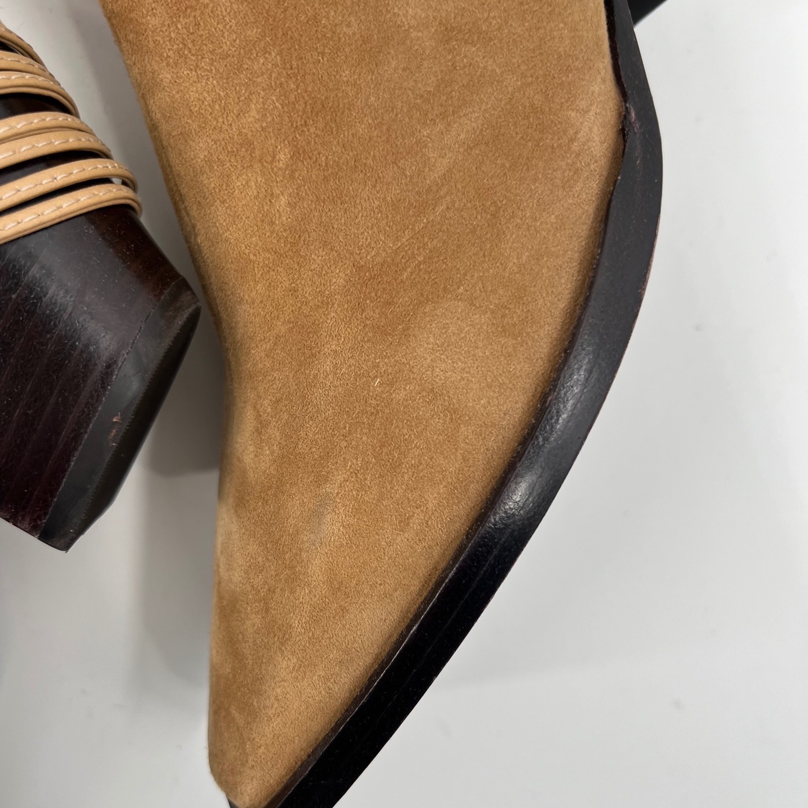 Daniella Shevel Tan Suede Tall Boots Lace Up Heel Harness Pointed Toe Sz 38 Nwot — image 6 of 8